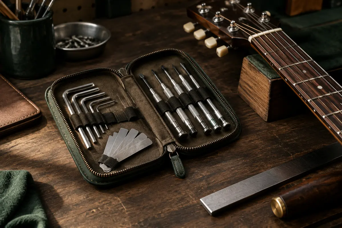 Clés et petits outils de réglage rangés près d’un manche de guitare