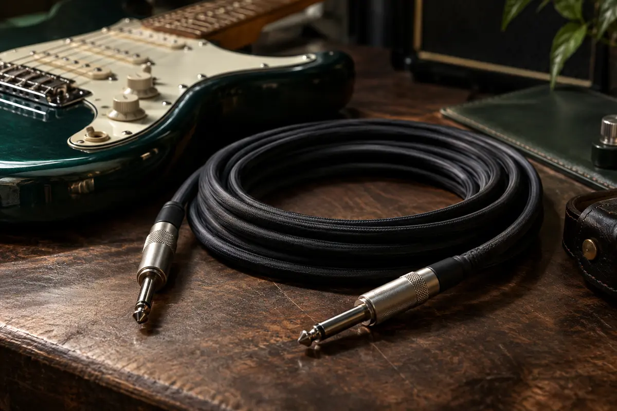 Câble jack enroulé avec ses connecteurs près d’une guitare électrique