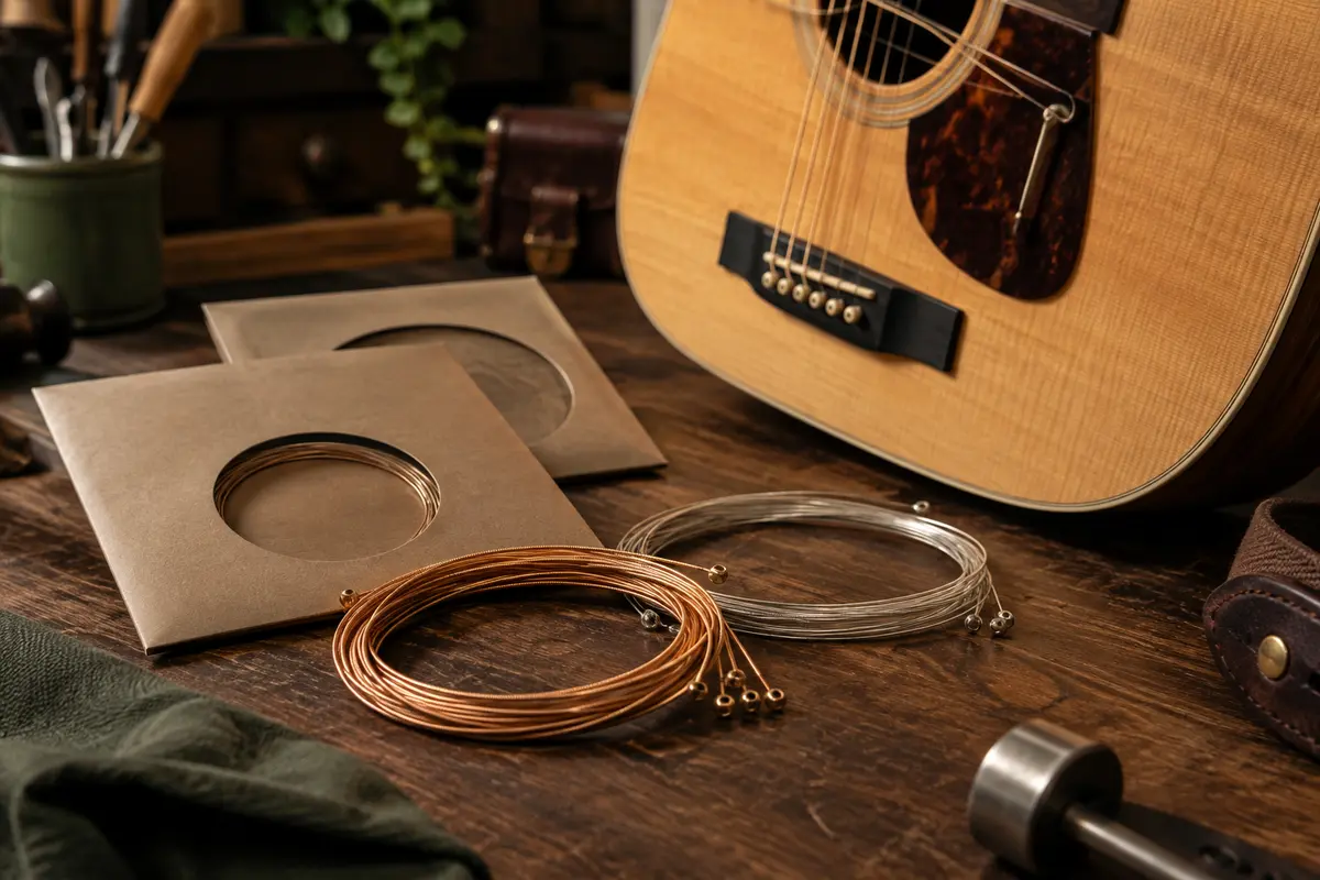 Cordes métalliques pour guitare acoustique près d’une caisse en bois naturel