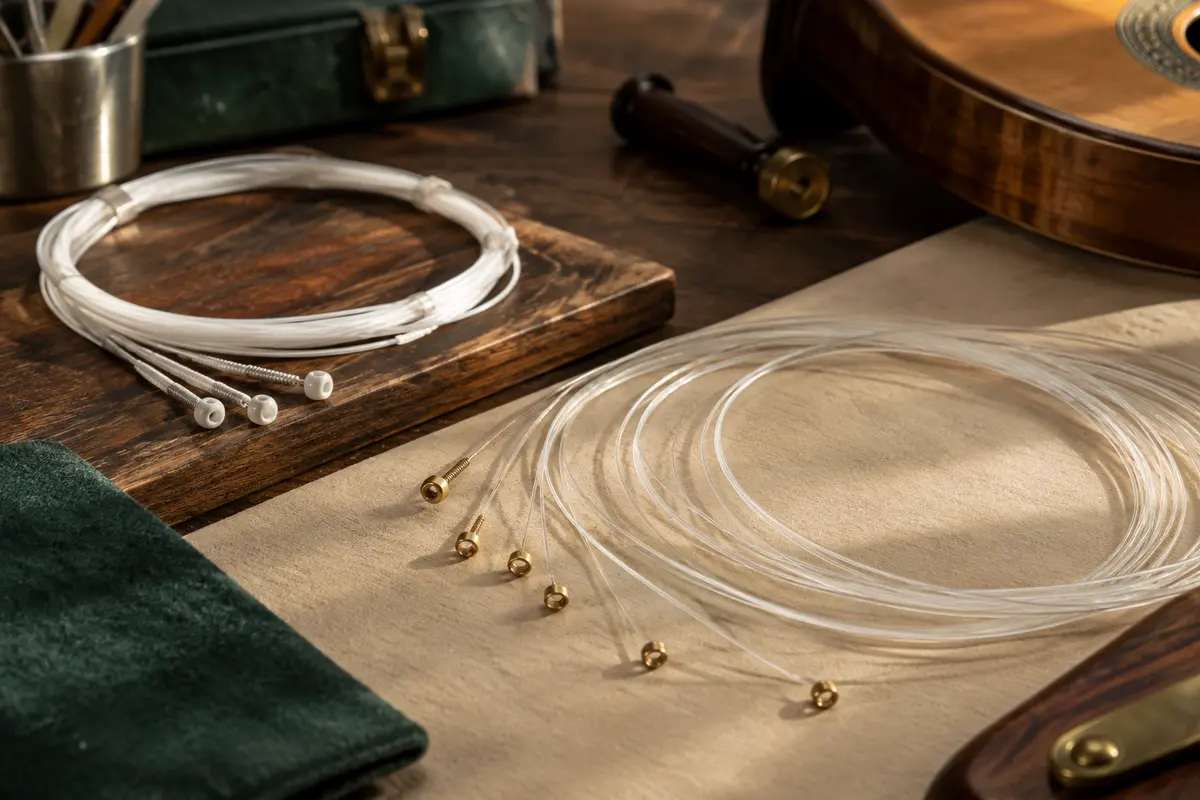 Cordes en nylon pour guitare classique présentées sur une surface claire