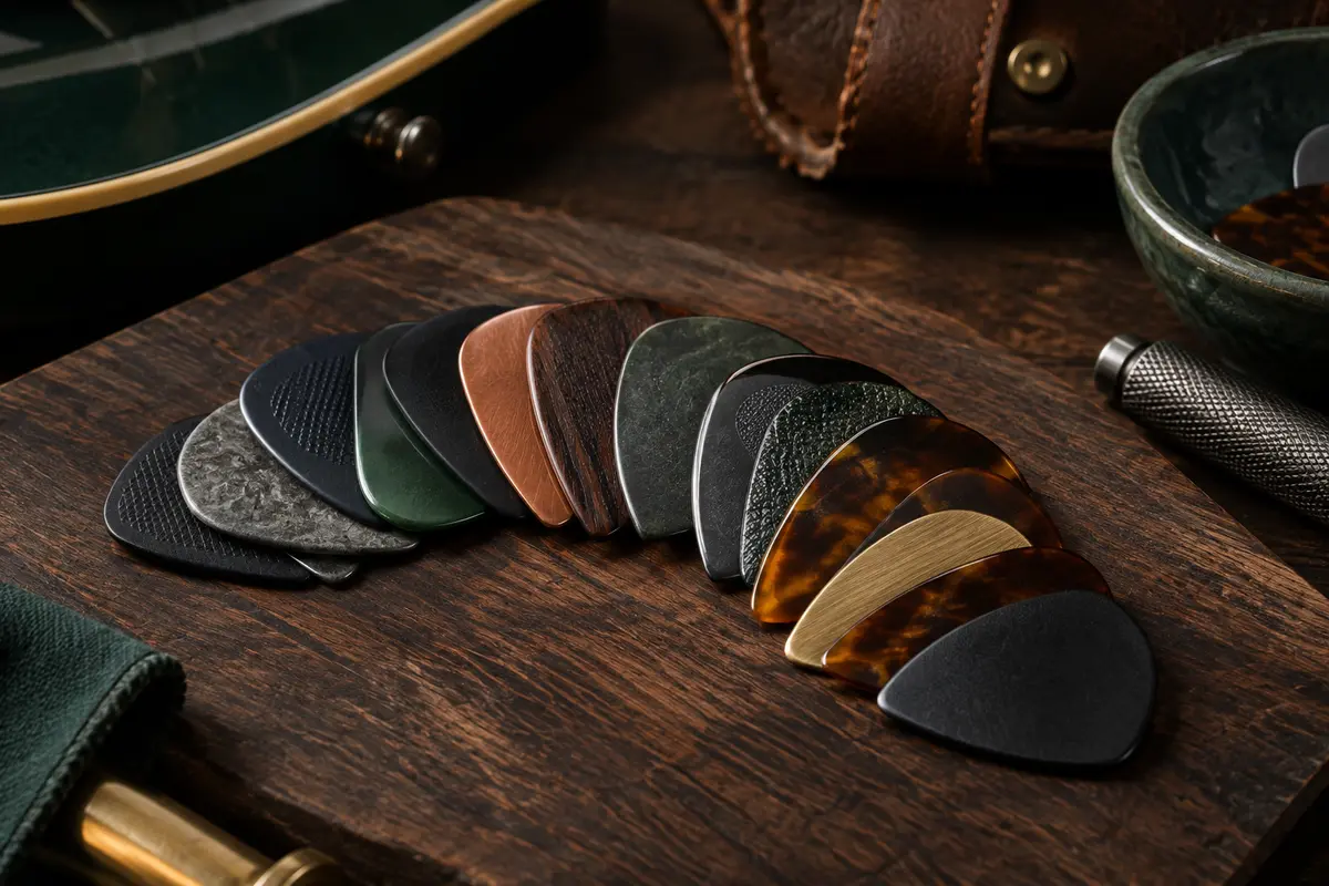 Médiators de guitare de plusieurs formes et épaisseurs sur du bois sombre