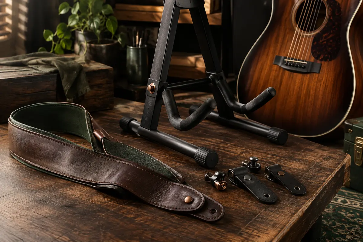 Sangle, support de guitare et attaches réunis dans un atelier musical