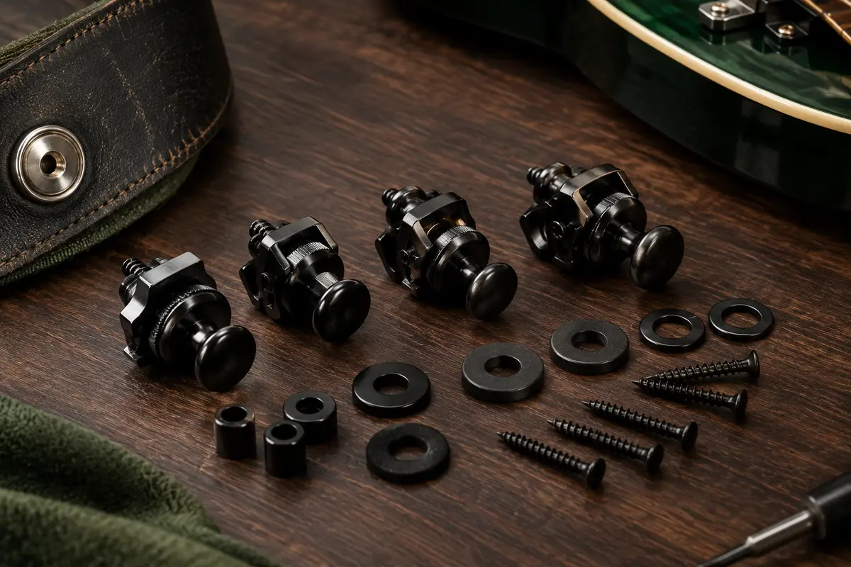 Attaches métalliques et verrous de sangle pour guitare présentés en détail