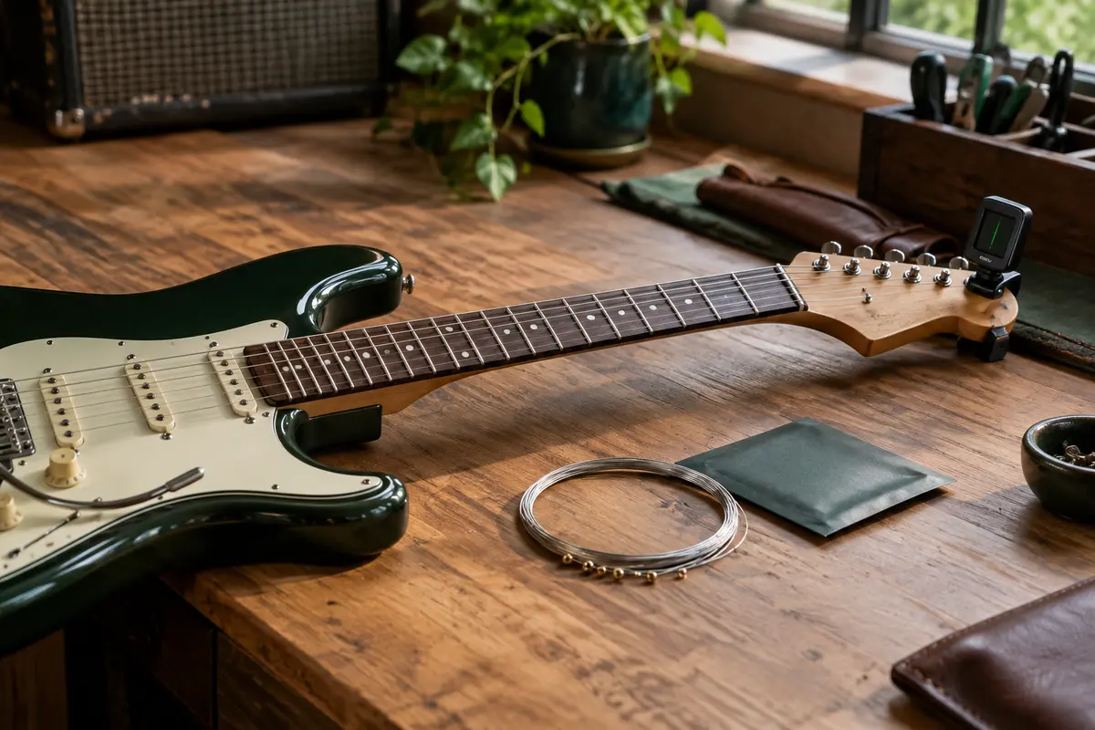 Guitare électrique et accordeur à pince posés sur un établi pour un accordage plus grave