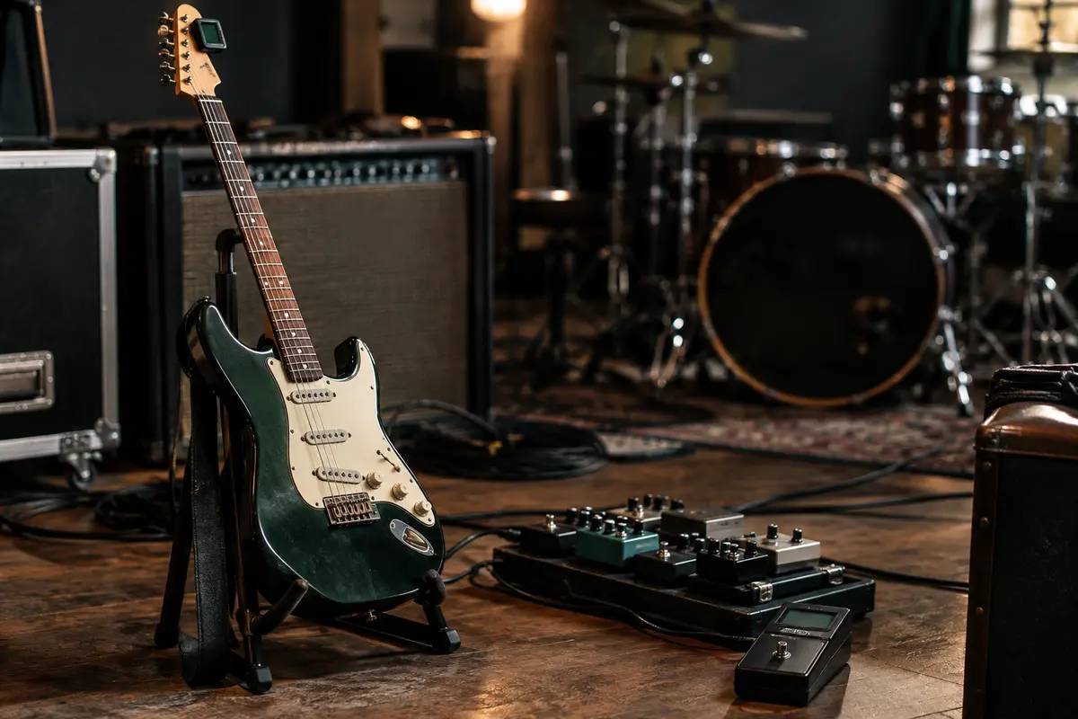 Guitare dans une salle de répétition avec accordeur à pince sur la tête et pédale au sol