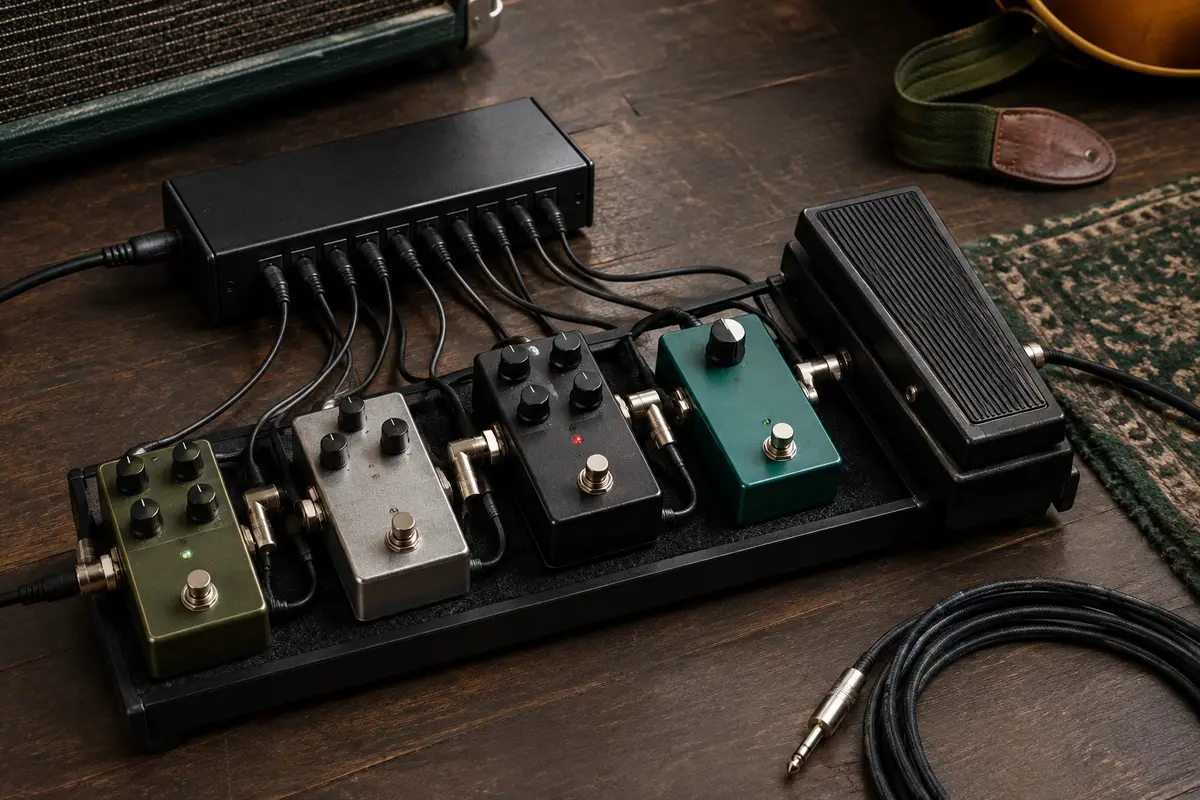 Pédalier de guitare avec plusieurs effets, câbles patch et bloc d’alimentation à sorties multiples
