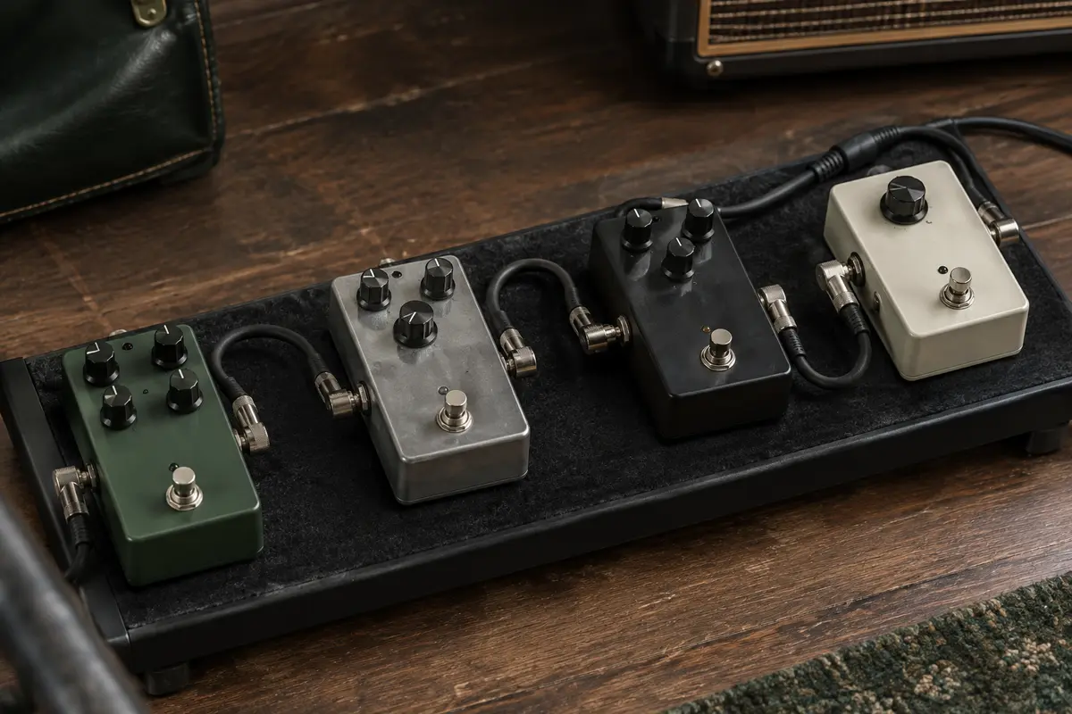 Pédales de guitare reliées par des câbles patch droits et coudés, avec leur espacement visible