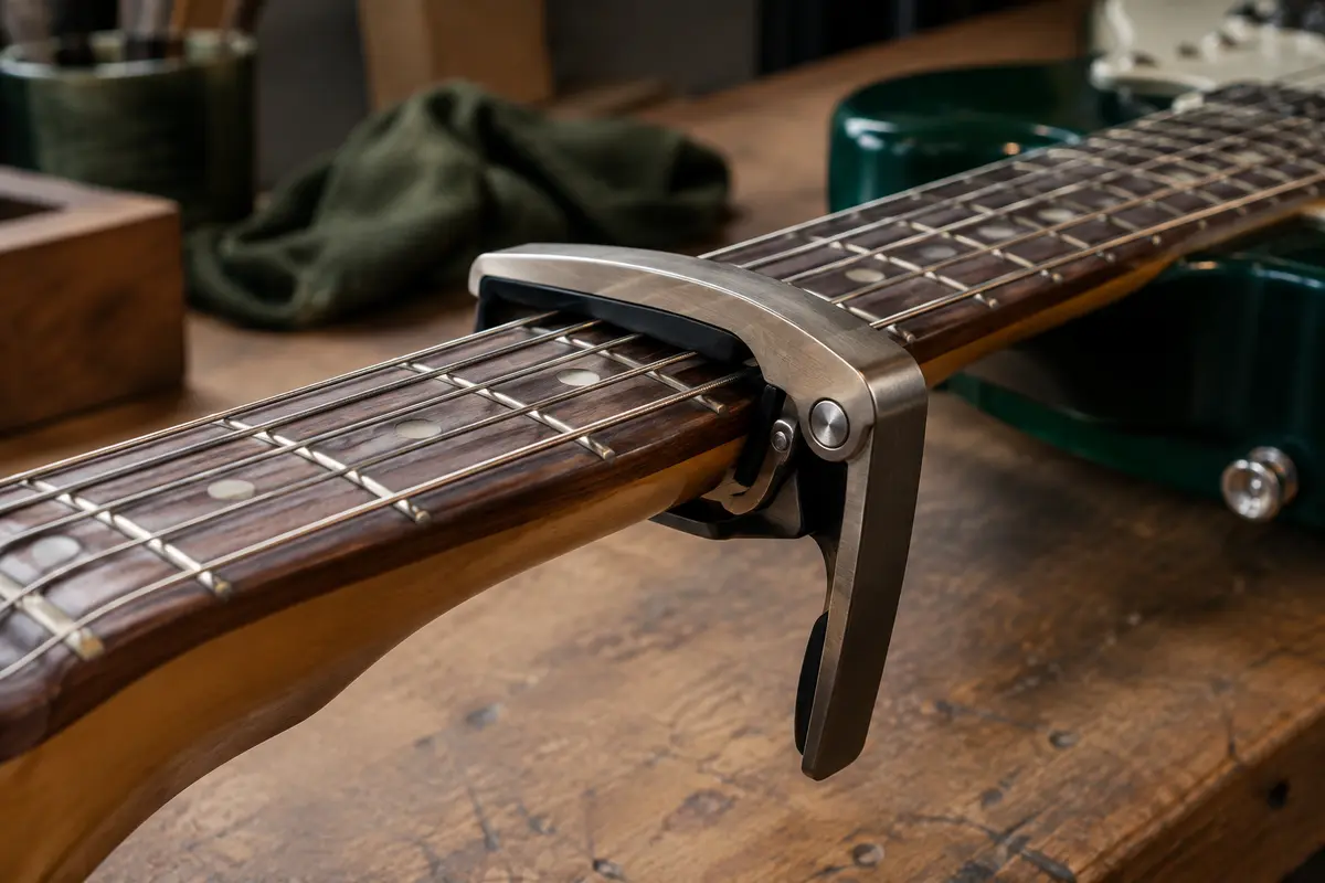 Capodastre posé sur le manche d’une guitare électrique, montrant l’appui sur les cordes et la courbure de la touche.