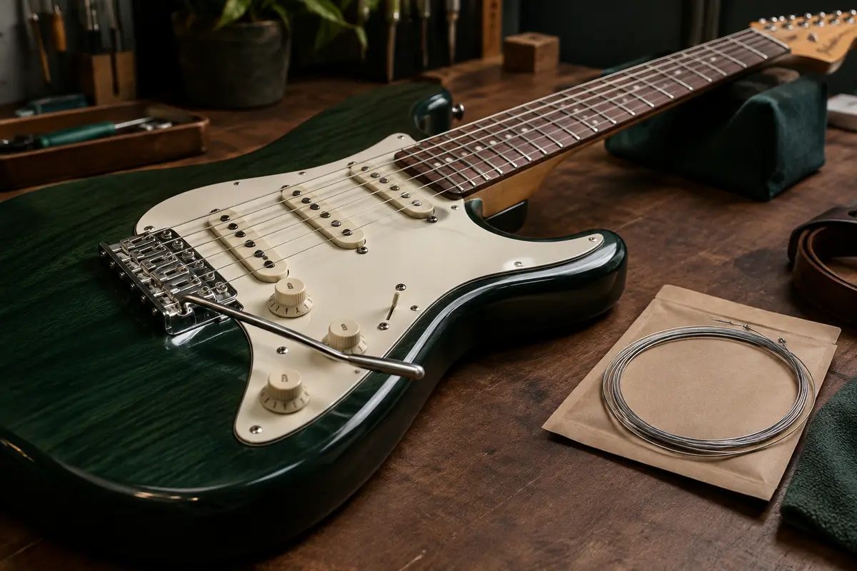 Guitare électrique et jeu de cordes neuf posés sur un établi, avec le manche et le chevalet visibles.