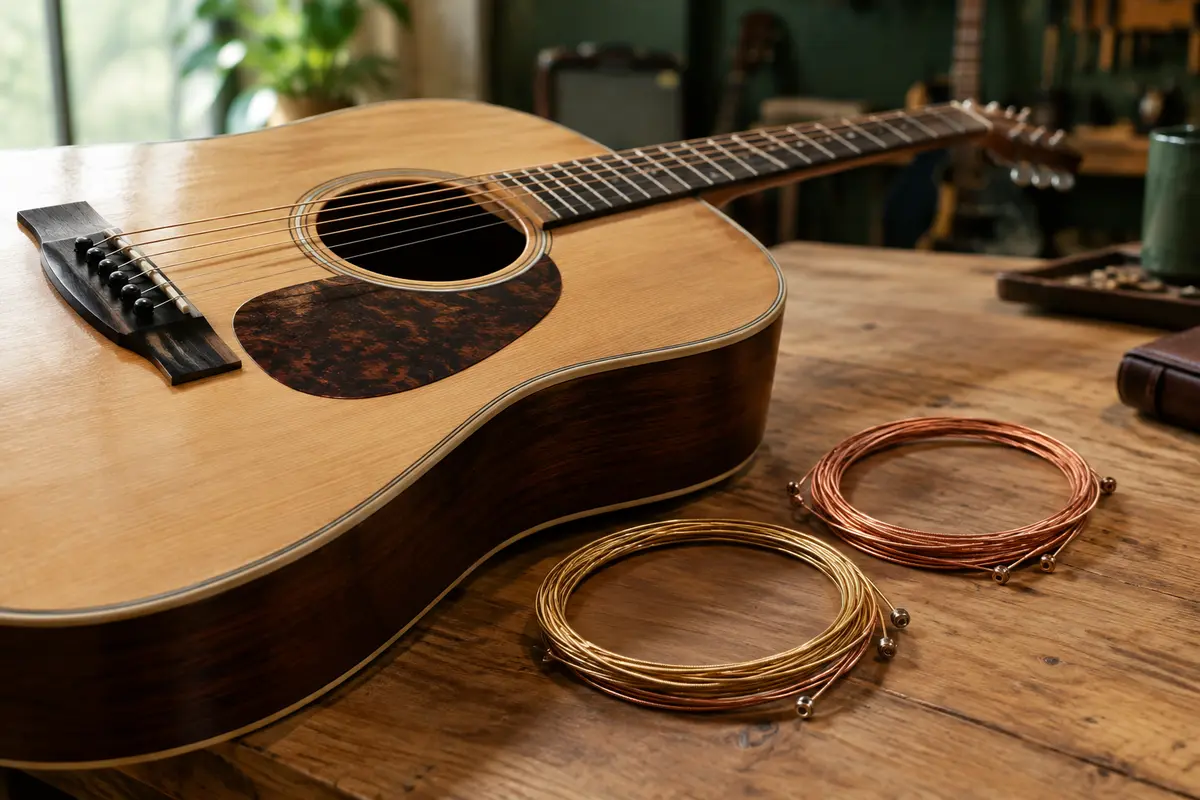 Guitare folk acoustique et deux jeux de cordes métalliques aux teintes bronze différentes