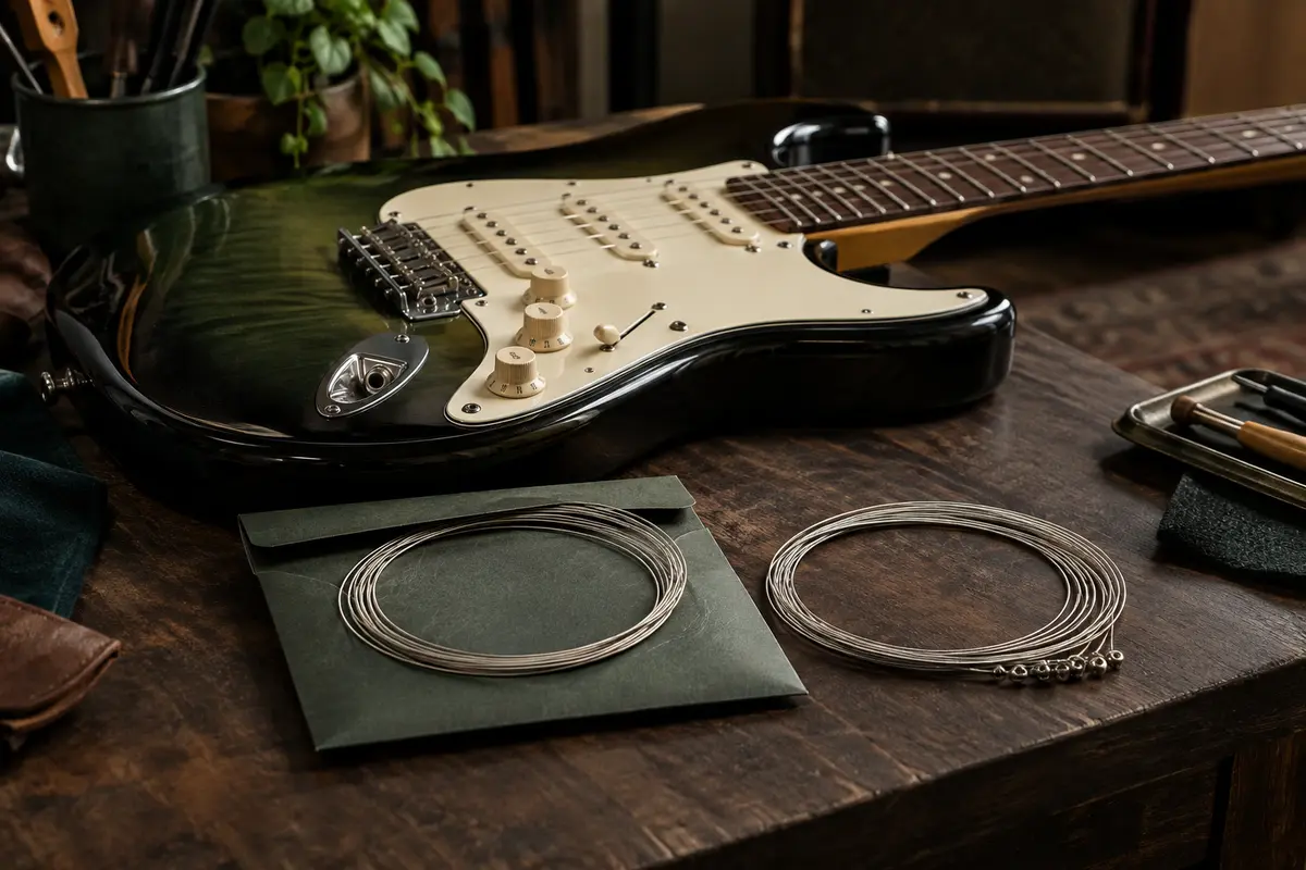 Guitare électrique et deux jeux de cordes métalliques présentés pour comparer leur finition