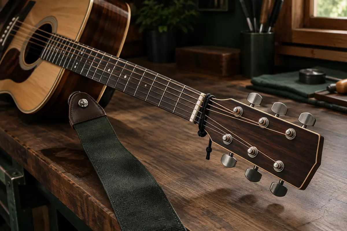 Guitare acoustique avec sangle fixée au talon et lacet placé près de la tête, derrière le sillet