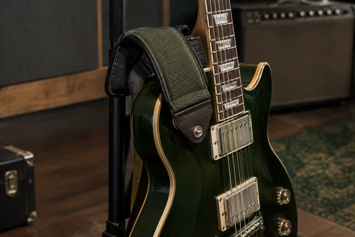 Guitare électrique sur support équipée d’une sangle large et rembourrée, dont les attaches sont visibles.