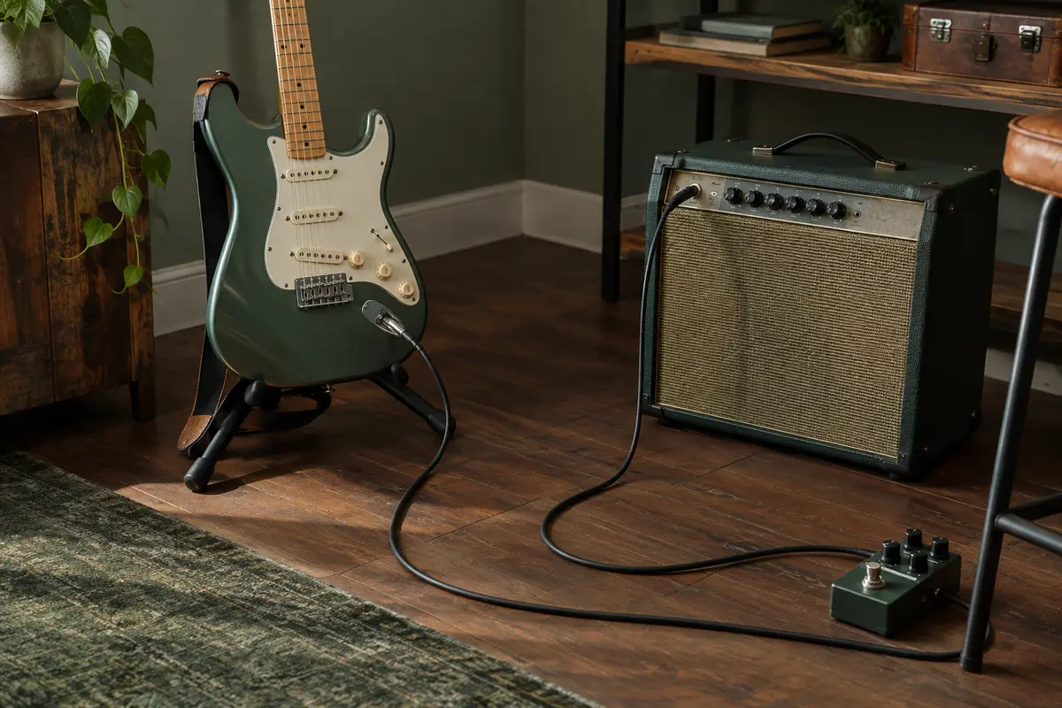 Câble jack reliant une guitare électrique à un ampli, avec une longueur souple et bien rangée
