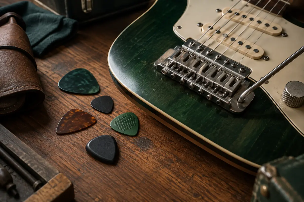 Plusieurs médiators de formes et d’épaisseurs variées posés près des cordes d’une guitare électrique.