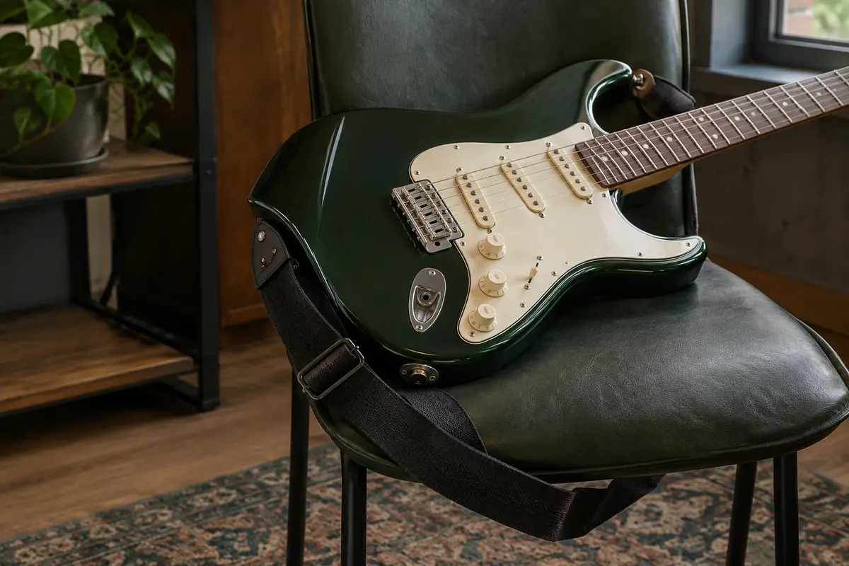 Guitare posée sur une chaise avec une sangle fixée et sa boucle de réglage visible