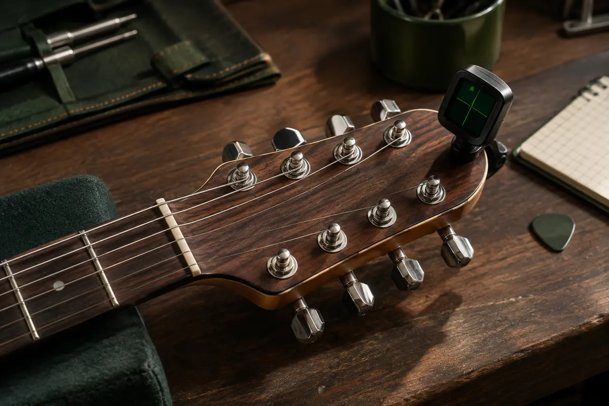 Tête de guitare équipée d’un accordeur à pince, prête à vérifier les notes d’un accordage alternatif.