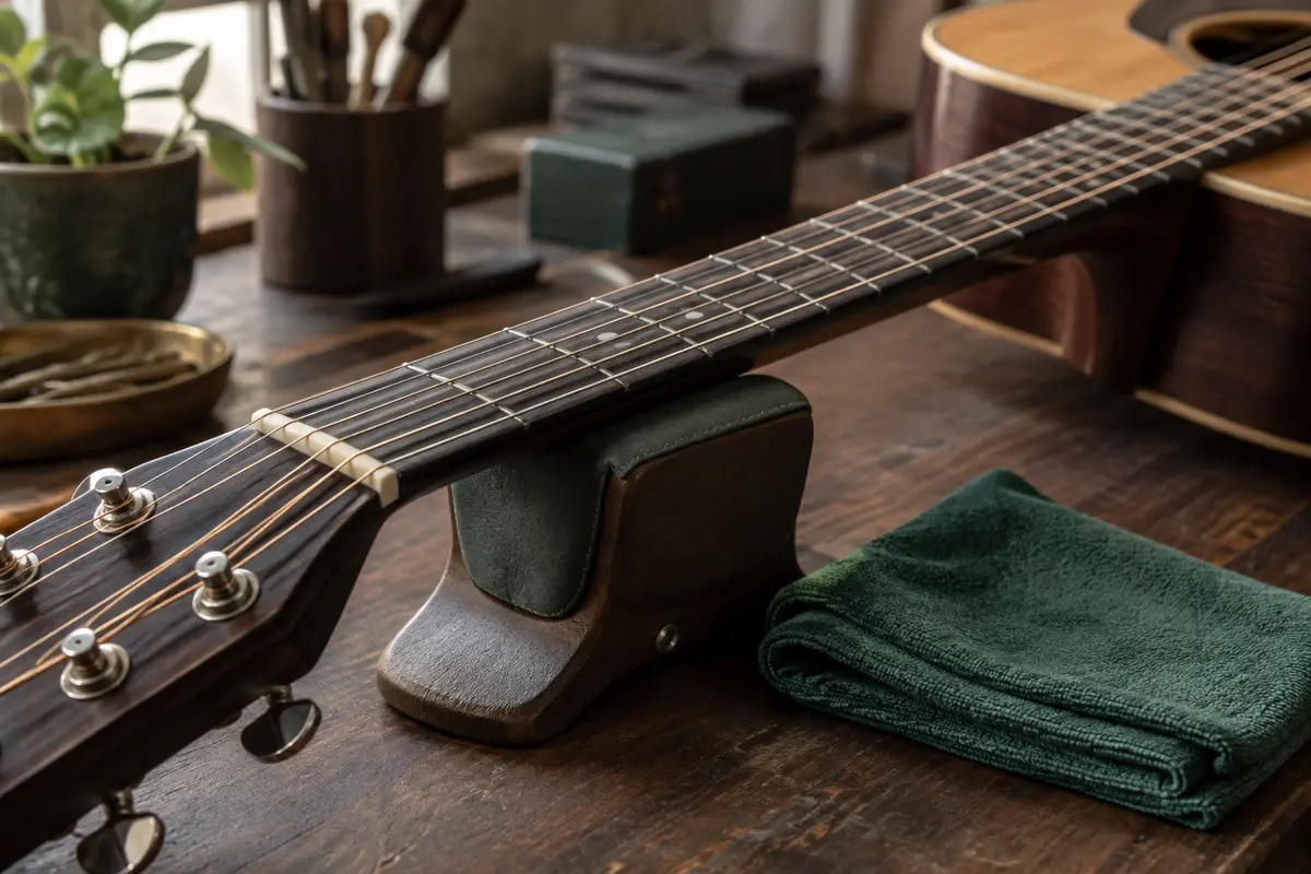 Guitare sur un support avec un chiffon en microfibre posé près des cordes, prêt pour l’entretien après le jeu.