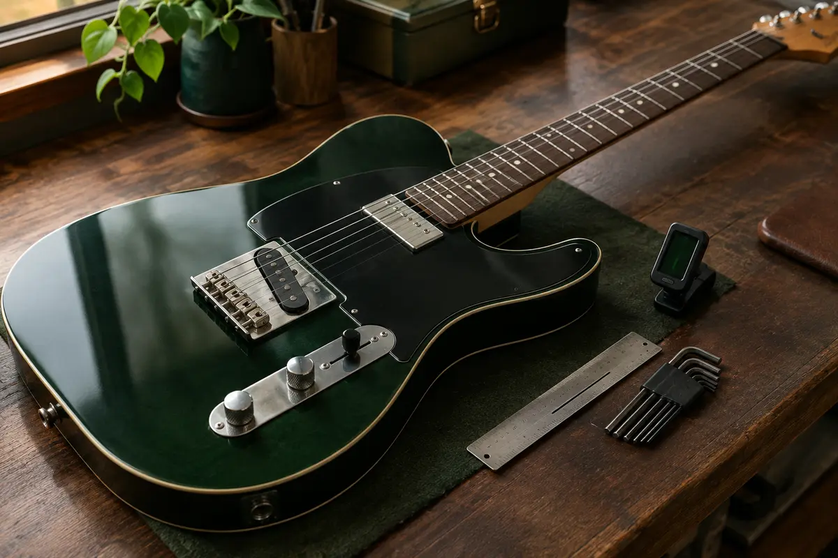 Guitare électrique et outils de mesure posés sur un établi pour contrôler son réglage