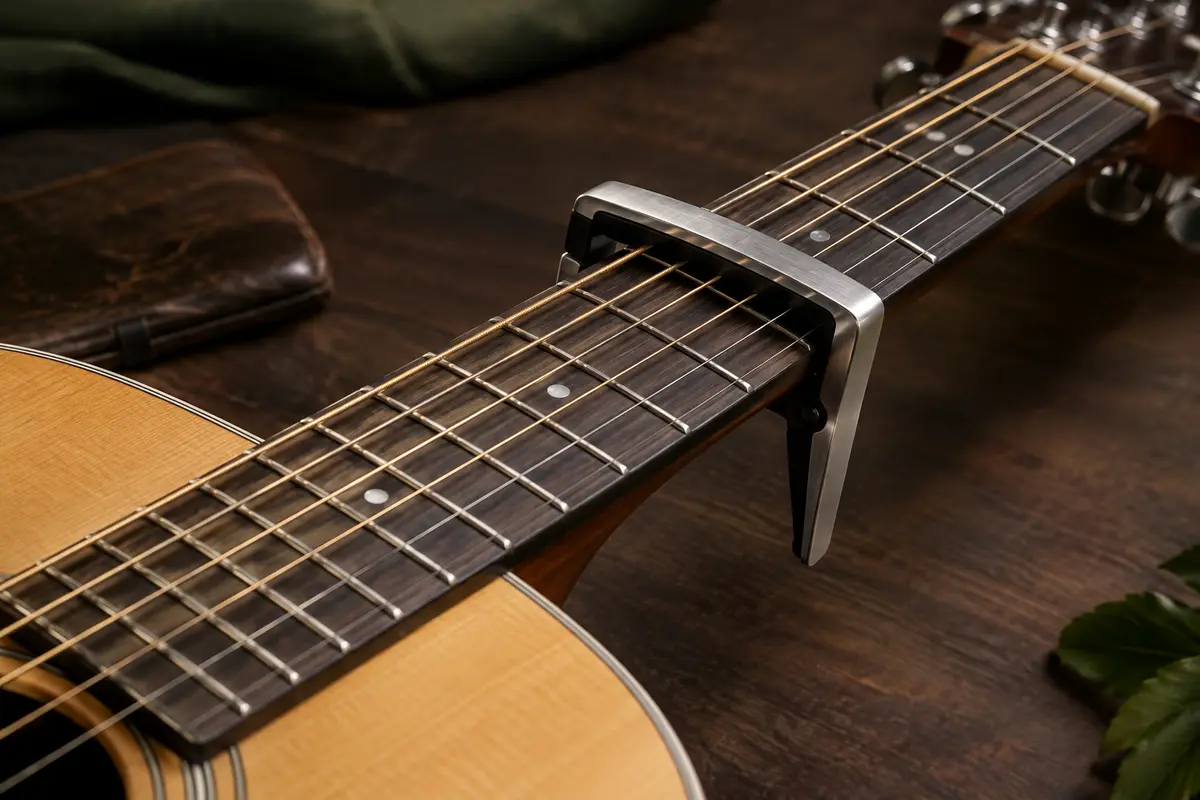 Capodastre aligné juste derrière une frette sur le manche d’une guitare