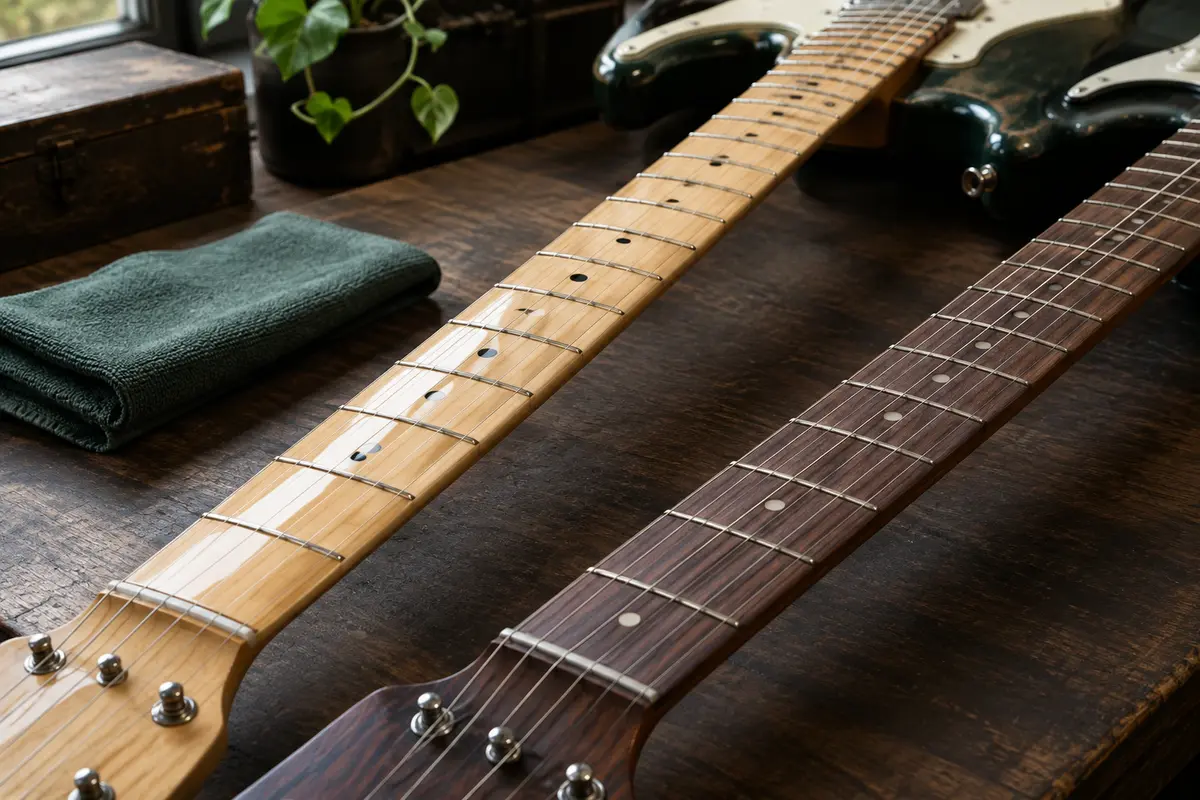Deux touches de guitare en érable verni et en palissandre près d’un chiffon microfibre doux