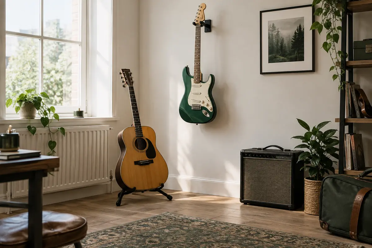 Deux guitares rangées dans un petit espace, l’une sur un support au sol et l’autre sur une accroche murale.