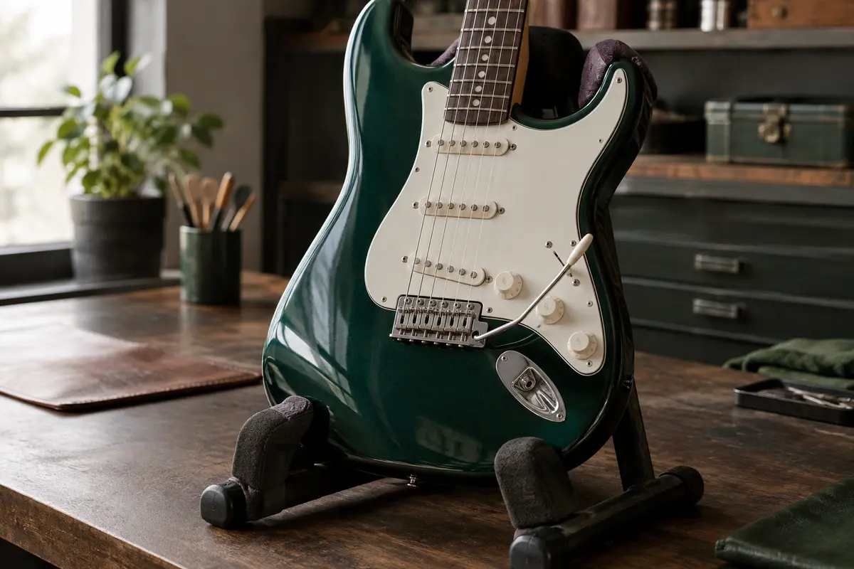 Guitare brillante posée sur un support rembourré, avec ses zones d’appui visibles à inspecter.