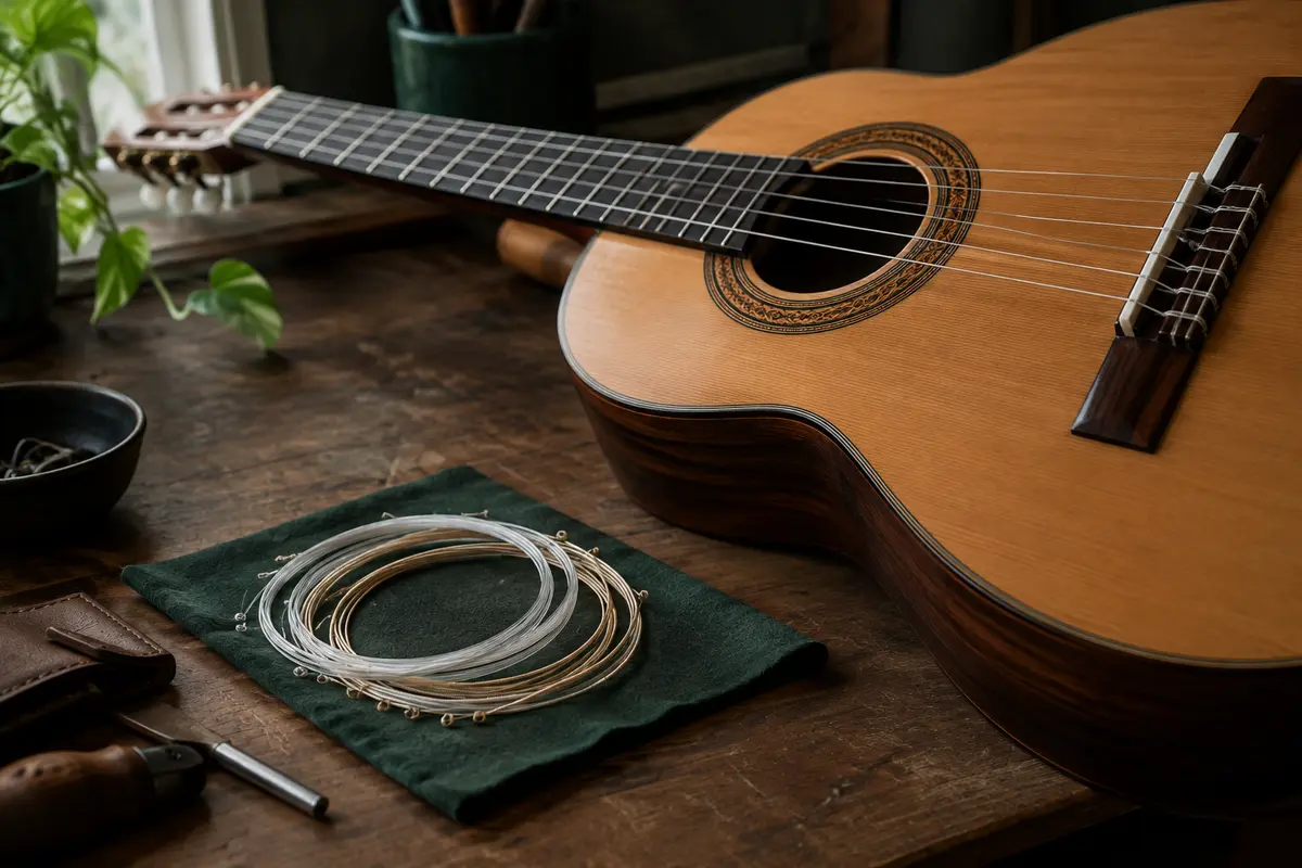 Jeu de cordes nylon posé près du chevalet et de la rosace d’une guitare classique en bois.