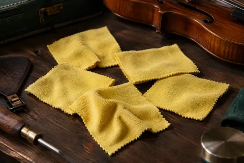 Cinq chiffons jaunes en microfibre pour instruments, posés sur un établi de musicien en bois sombre.