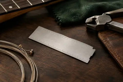 Petite règle de mesure en acier inoxydable posée sur un établi de musicien en bois sombre.