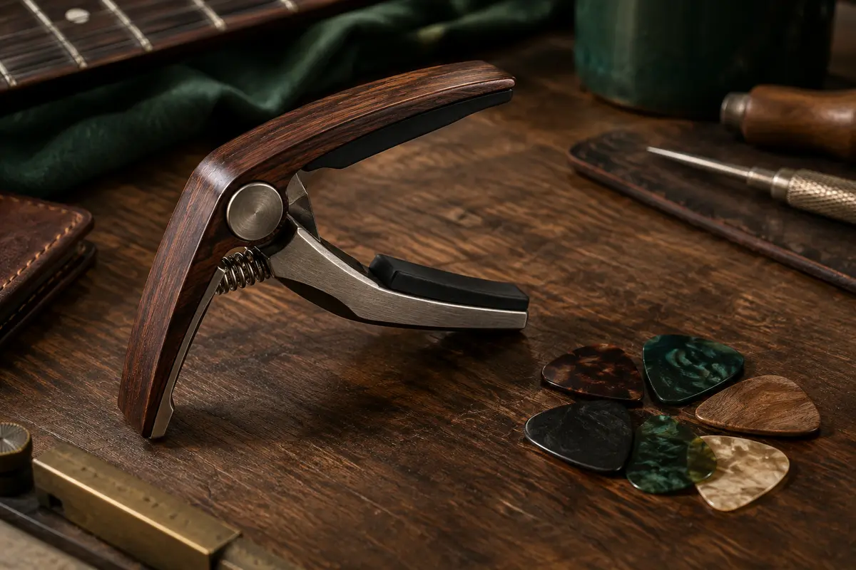 Capodastre à pince à motif bois foncé accompagné de six médiators sur un établi de musicien.