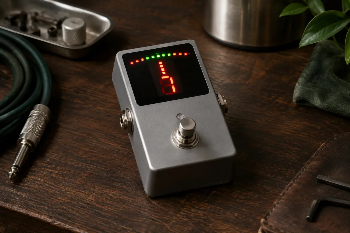 Pédale accordeur Behringer TU300 grise avec afficheur LED sur un établi en bois sombre.