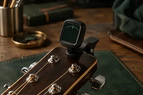 Accordeur chromatique noir à pince fixé sur la tête d’une guitare, écran LCD visible sur un établi