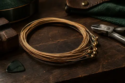 Cordes de guitare acoustique en bronze phosphoreux disposées sur un établi en bois sombre