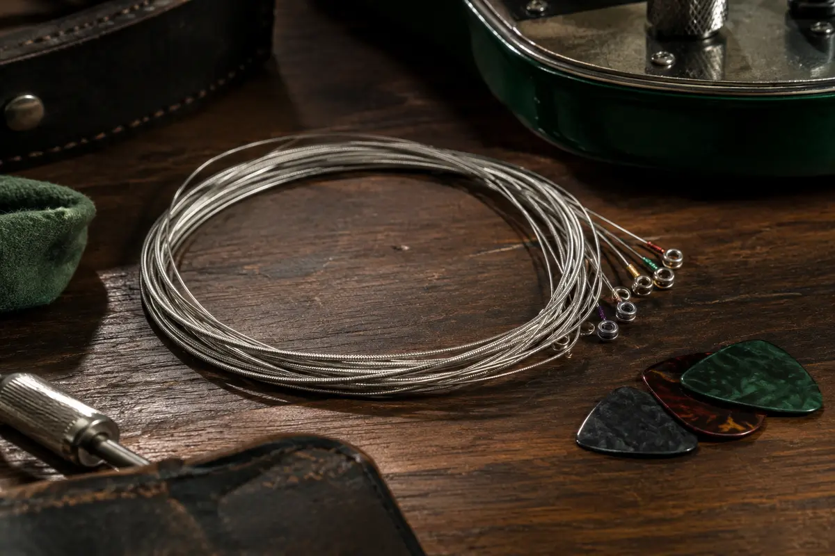 Jeu de cordes argentées pour guitare électrique et médiators posé sur un établi en bois sombre.