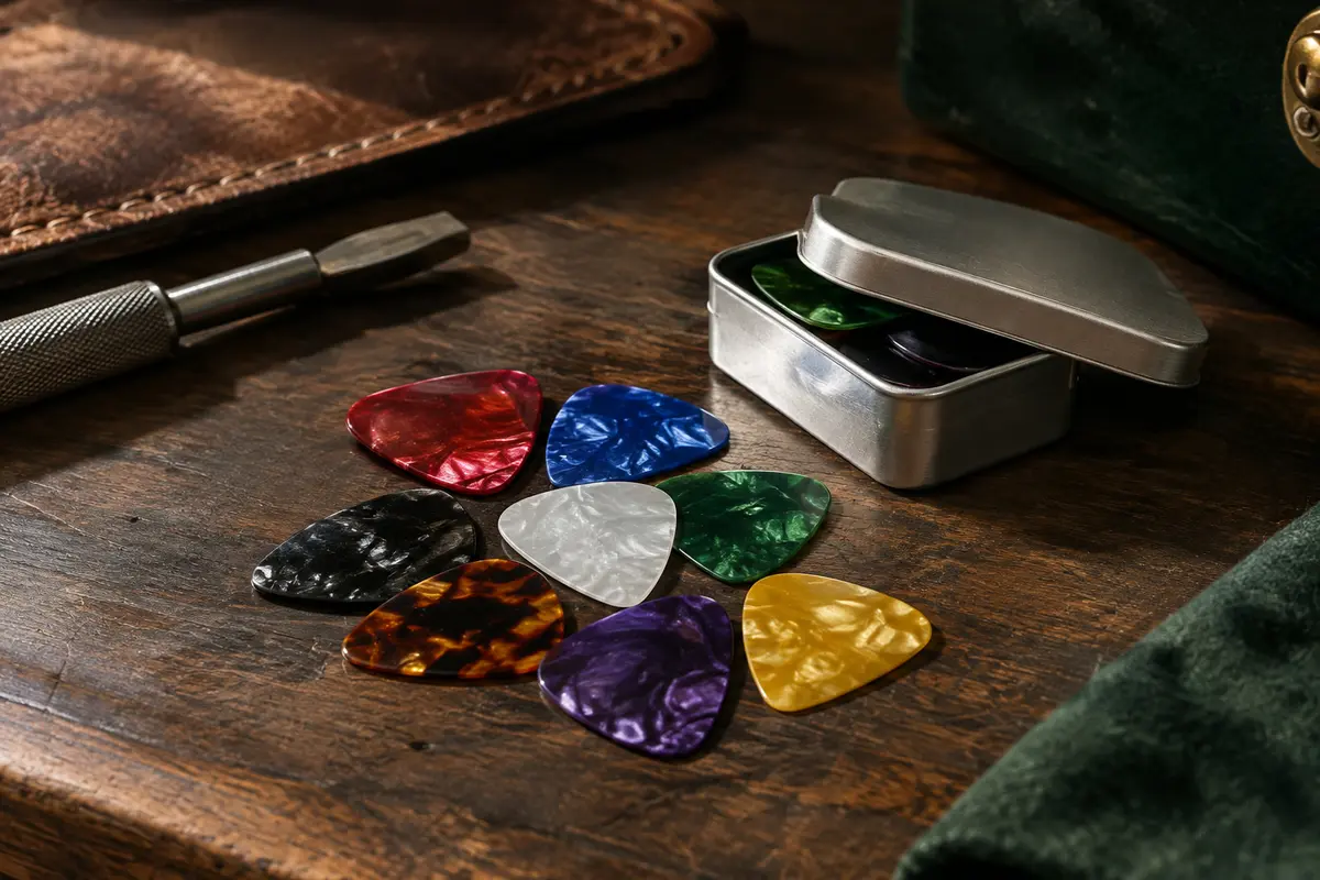 Assortiment de médiators Belfort multicolores en celluloïd posé près de sa boîte de rangement