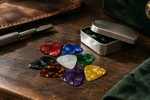 Assortiment de médiators Belfort multicolores en celluloïd posé près de sa boîte de rangement