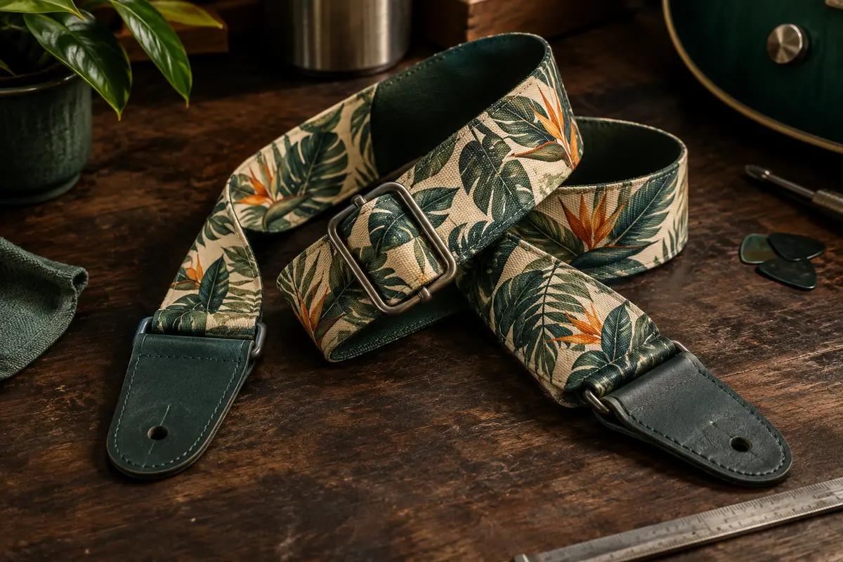 Sangle de guitare Belfort au motif tropical, avec boucle de réglage et extrémités en cuir microfibre