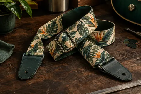 Sangle de guitare Belfort au motif tropical, avec boucle de réglage et extrémités en cuir microfibre