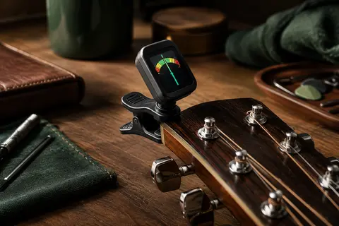 Accordeur chromatique noir à pince avec écran couleur orientable posé sur un établi de musicien