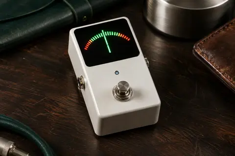 Pédale accordeur chromatique blanche Boss TU-3 posée sur un établi de musicien en bois sombre
