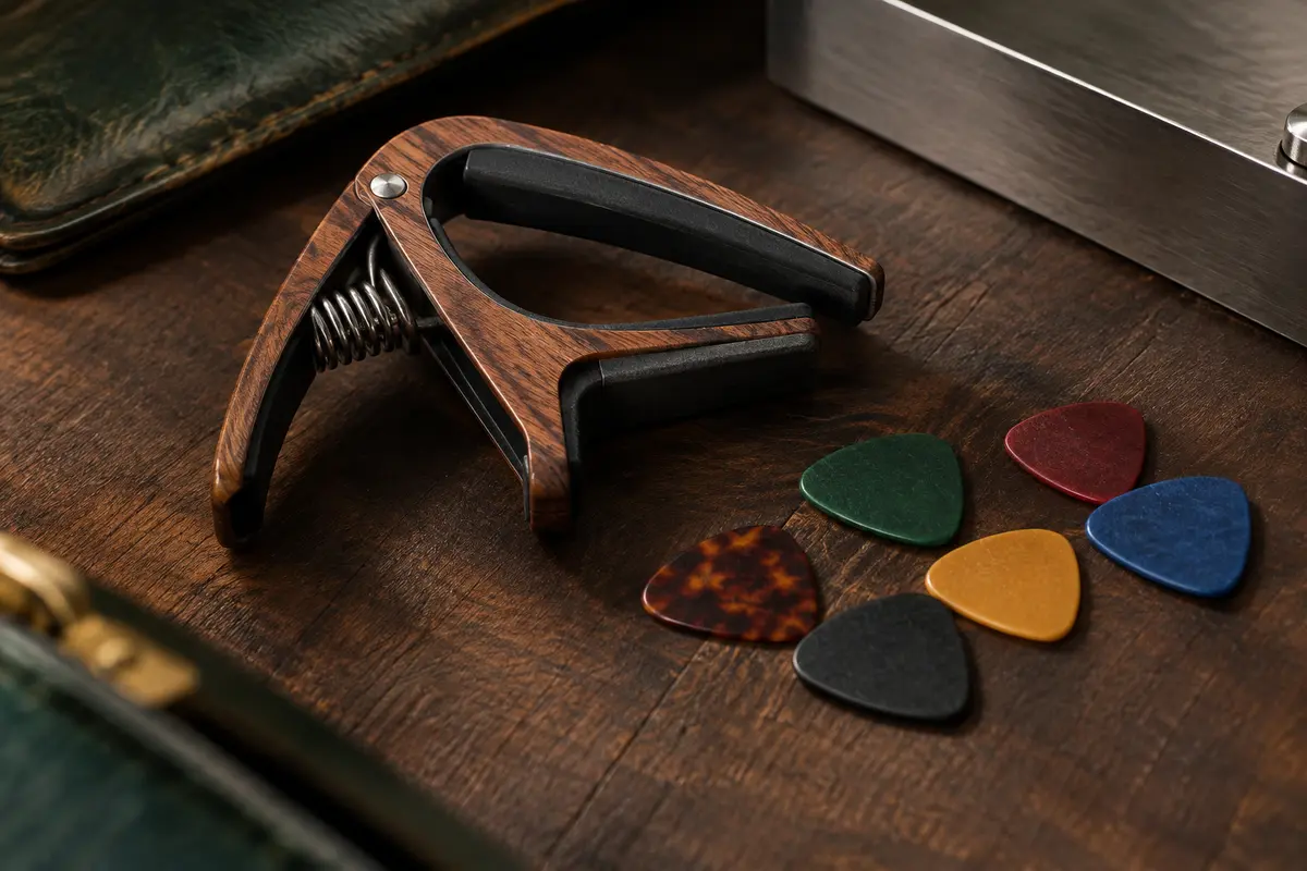 Capodastre à pince au motif bois accompagné de six médiators colorés sur un établi de musicien sombre.