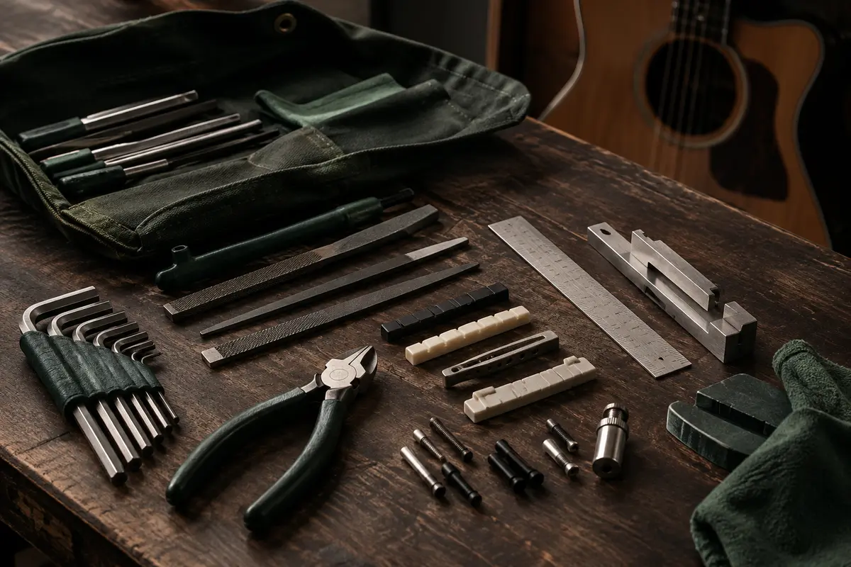 Outils d’entretien pour guitare, clés hexagonales, limes et règle disposés sur un établi en bois sombre.