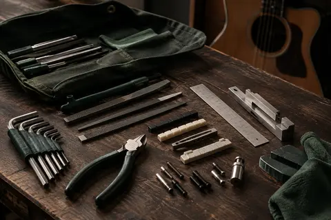 Outils d’entretien pour guitare, clés hexagonales, limes et règle disposés sur un établi en bois sombre.
