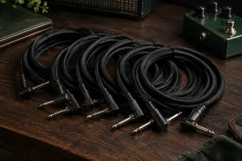 Lot de câbles patch noirs tressés et fiches coudées posé sur un établi de musicien.