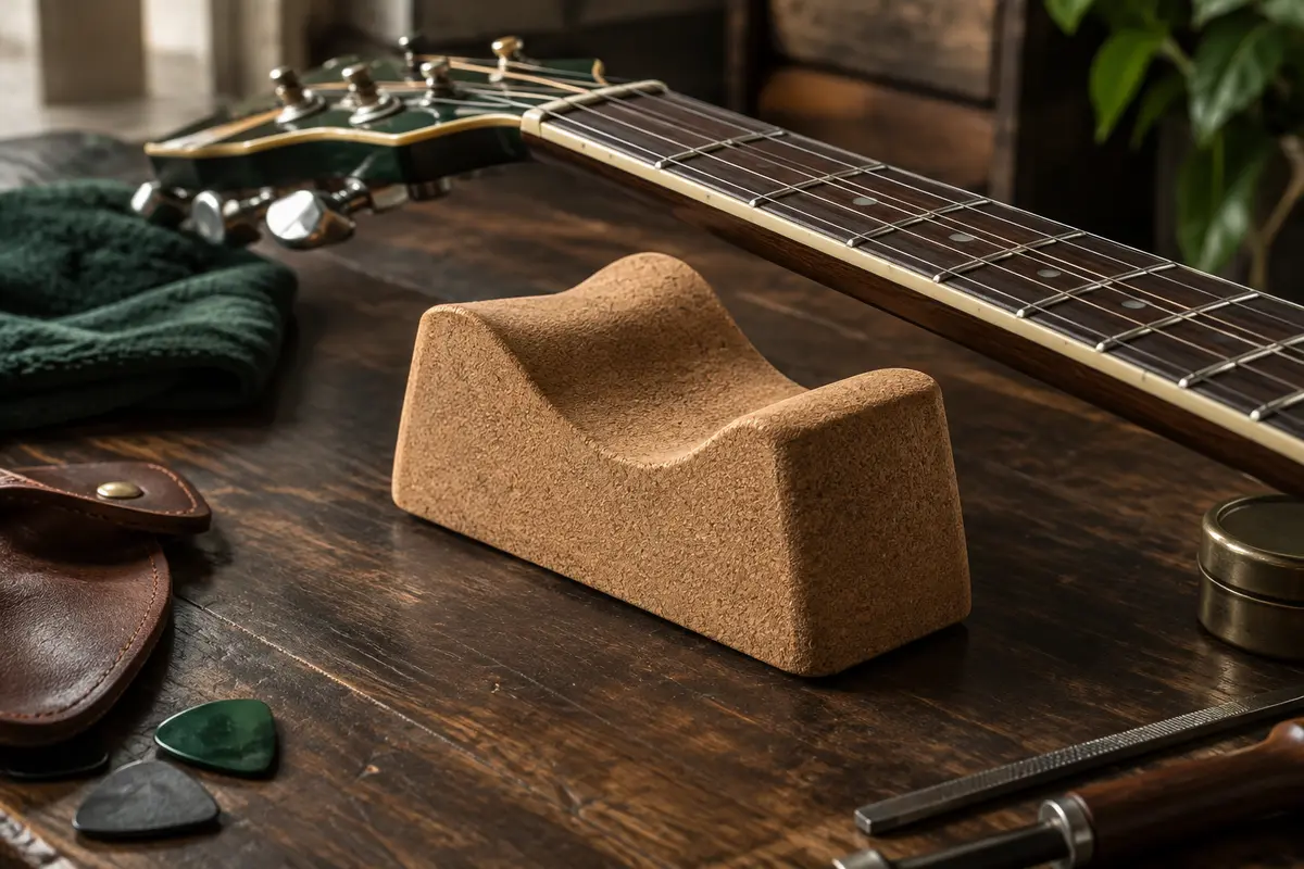 Repose-manche de guitare en liège aux deux profils incurvés, posé sur un établi en bois sombre.