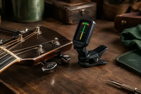 Accordeur à pince noir avec écran couleur orientable posé sur un établi de musicien en bois sombre.
