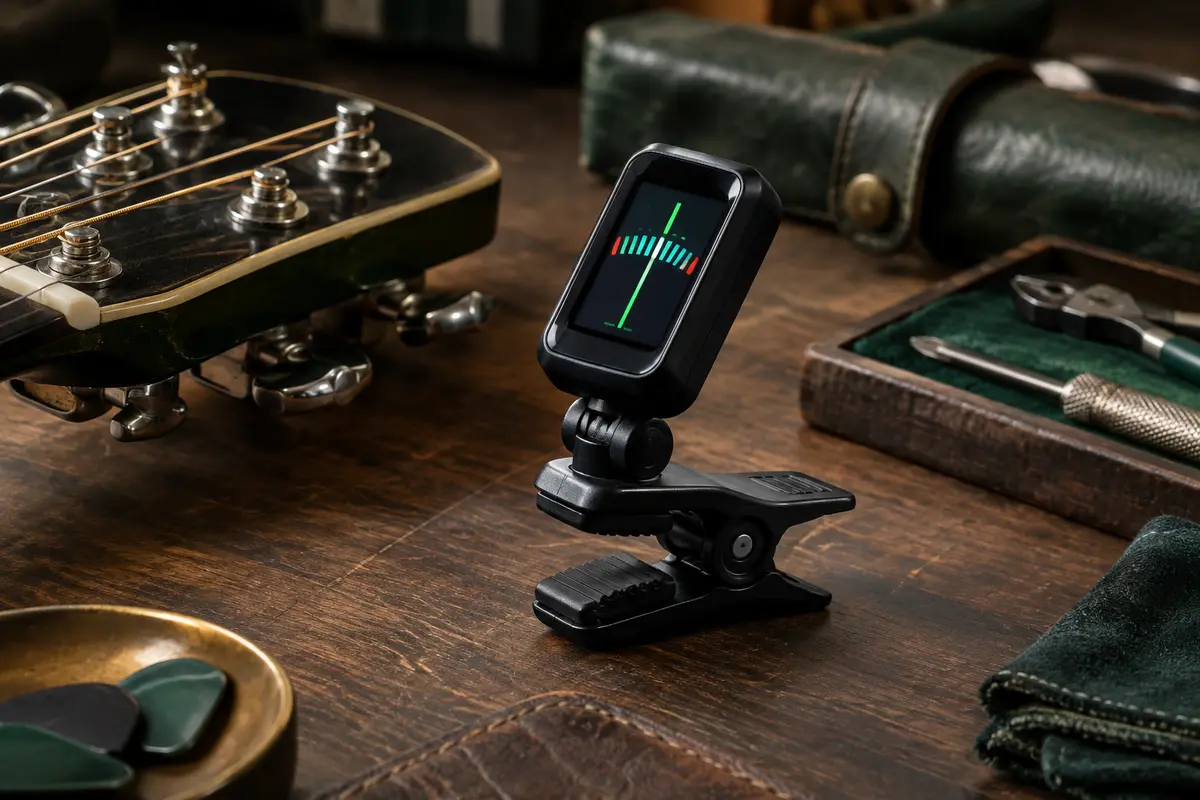 Accordeur rechargeable noir à pince et écran LED pivotant posé sur un établi de musicien