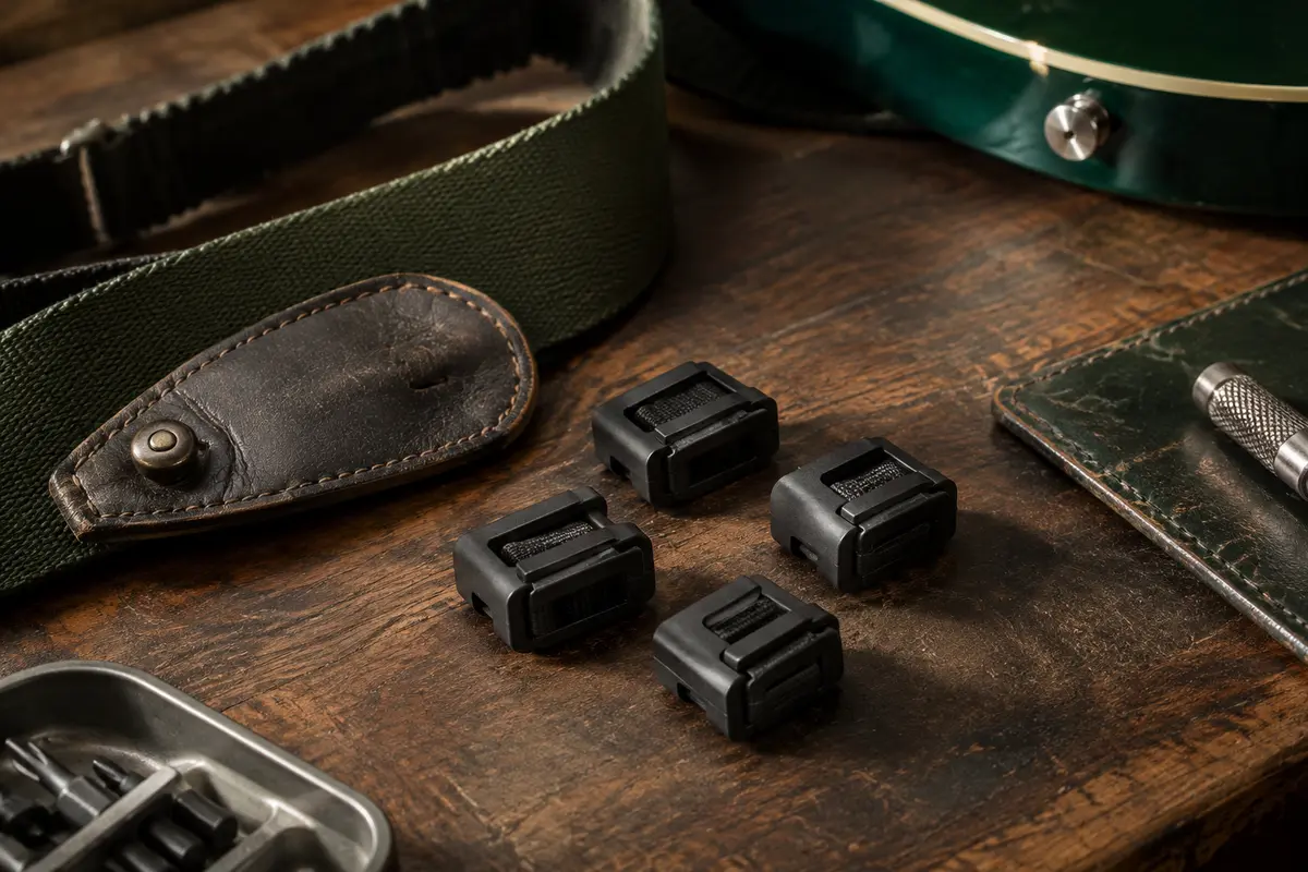 Quatre blocs de sangle noirs D’Addario Flex Lock posés sur un établi près d’une sangle de guitare