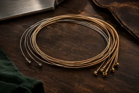Jeu de cordes acoustiques en bronze phosphoreux posé sur un établi sombre, filage visible en gros plan.